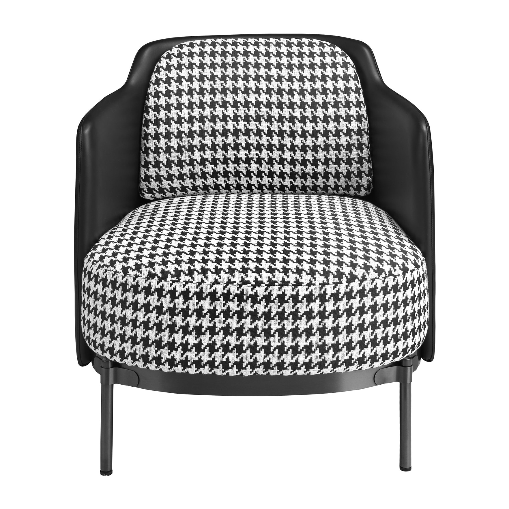 Sillón Angel Cerdá con reposabrazos tapizado en tela en blanca y negra y respaldo tapizado en polipiel negro patas de acero inoxidable pulido oscurecido 68x70x73cm