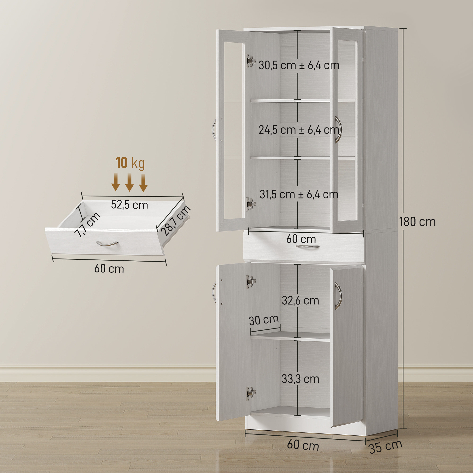 Alacena de Cocina, Mueble Auxiliar de Cocina con Puertas de Vidrio, Cajón, Estantes Ajustables, para Comedor, Salón, Blanco, 60x35x180 cm
