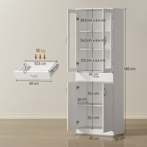 Alacena de Cocina, Mueble Auxiliar de Cocina con Puertas de Vidrio, Cajón, Estantes Ajustables, para Comedor, Salón, Blanco, 60x35x180 cm