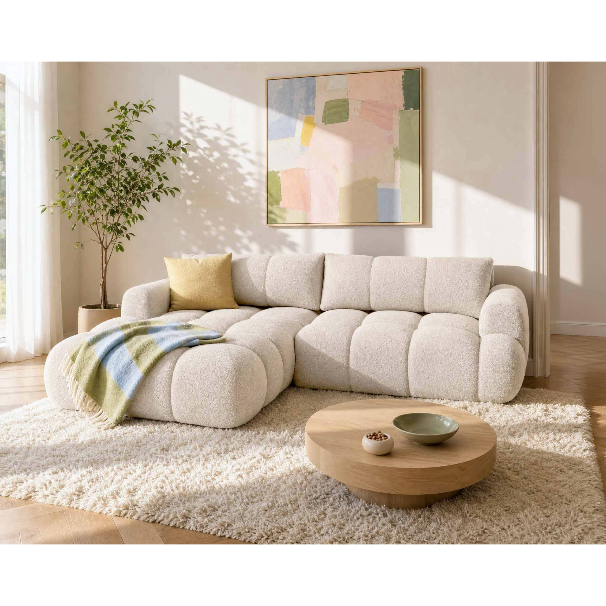 Yulin - Canapé d'angle gauche 4 places convertible avec coffre en tissu bouclette - Beige