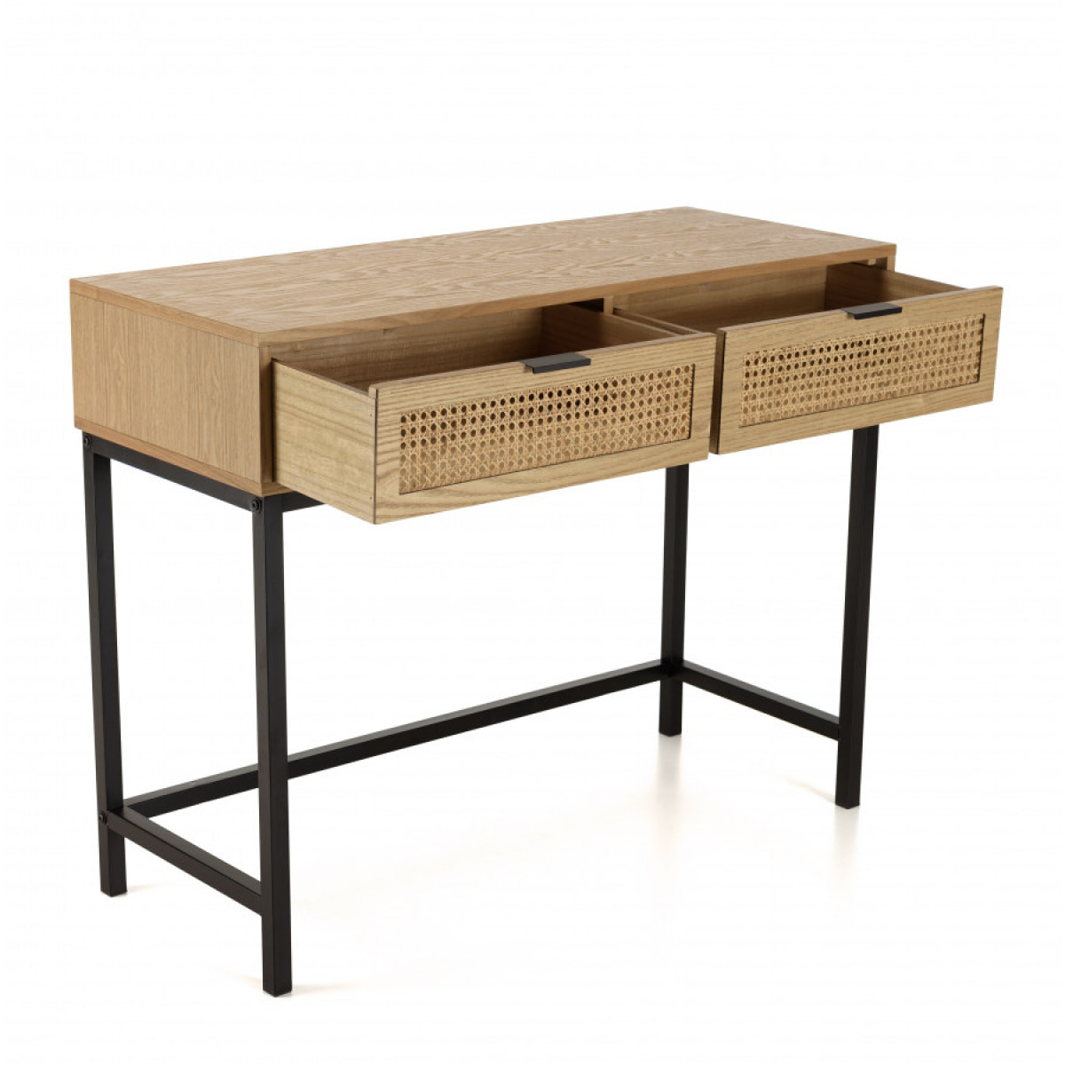 MARCEAU - Console 2 tiroirs cannage naturel pieds métal noir