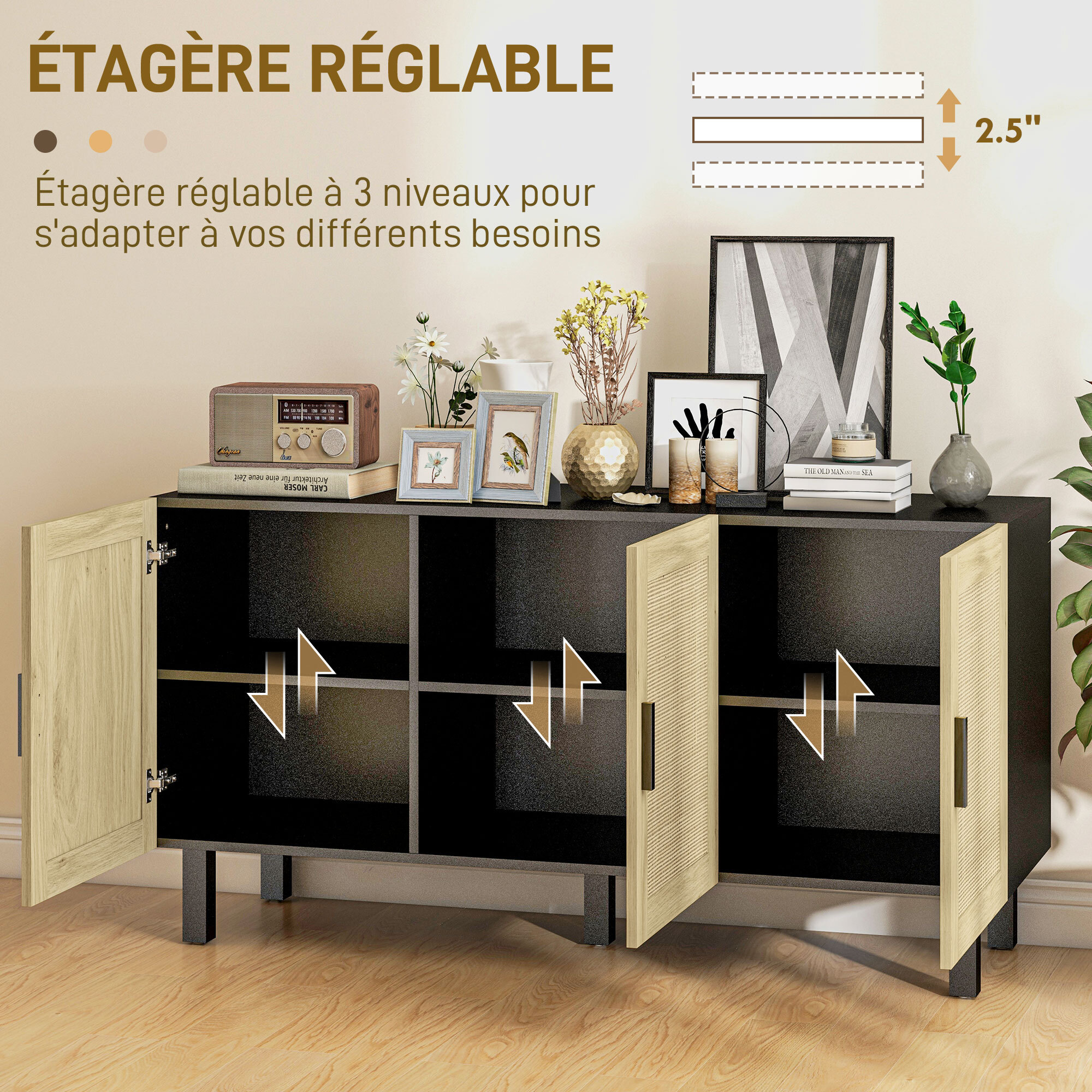Buffet 3 portes style bohème chic cannage en rotin panneaux aspect bois clair noir