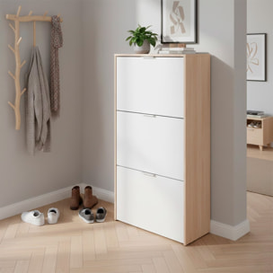 Mobile Portascarpe Salvaspazio Con 3 Ante A Ribalta Capacità Fino A 18 Paia Scarpiera Design Moderno 113 x 60 x 22 Cm Rovere E Bianco Lucido