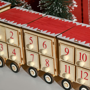 HOMCOM Calendario de Adviento de Navidad de Madera con Luz LED y 24 Cajones Decoración Navideña para Rellenar Modelo Tren 40x8x11 cm Natural