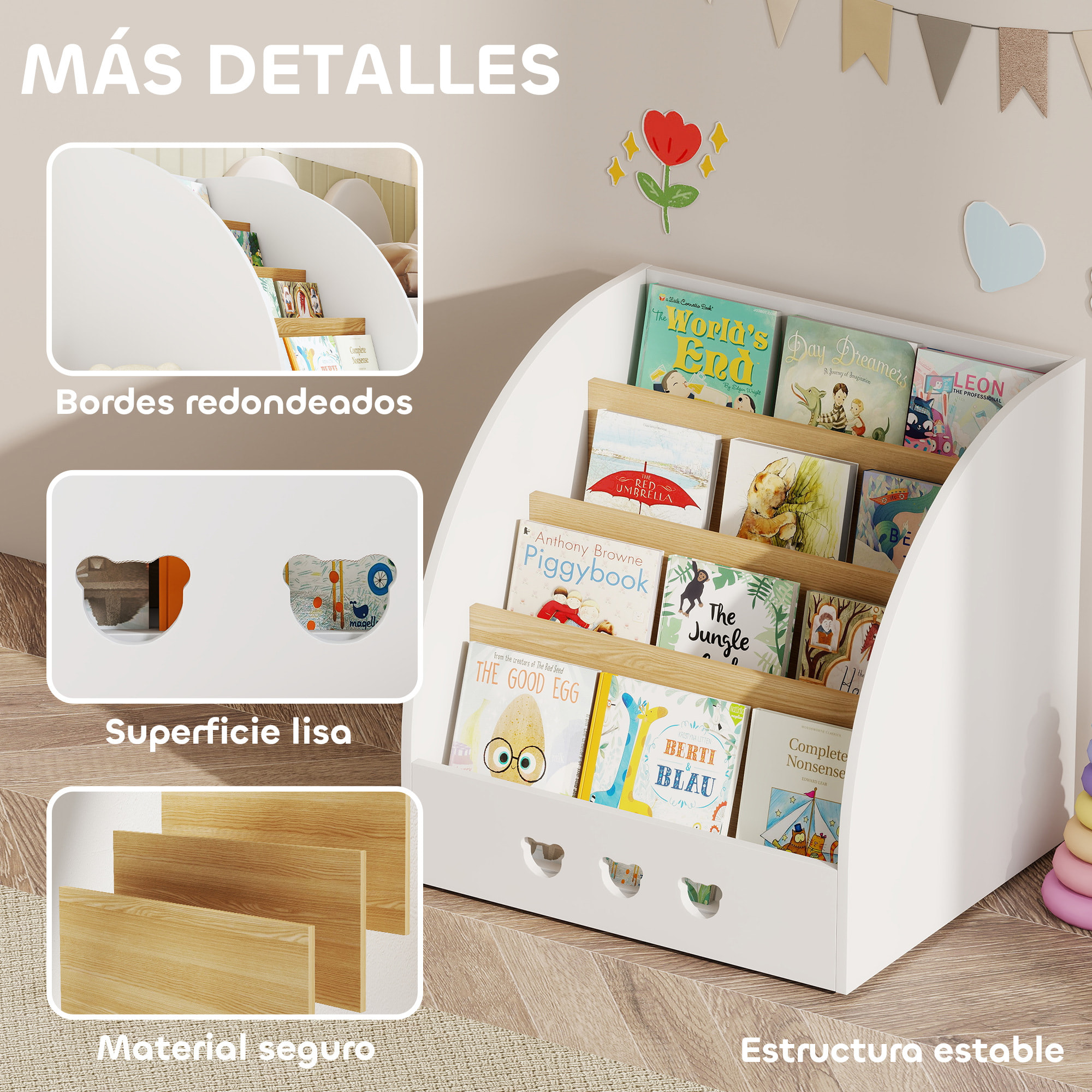 Estantería Infantil para Juguetes con Compartimento Oculto Organizador de Juguetes de 4 Niveles con Ruedas para Habitación Infantil Sala de Juegos Guardería Blanco y Natural
