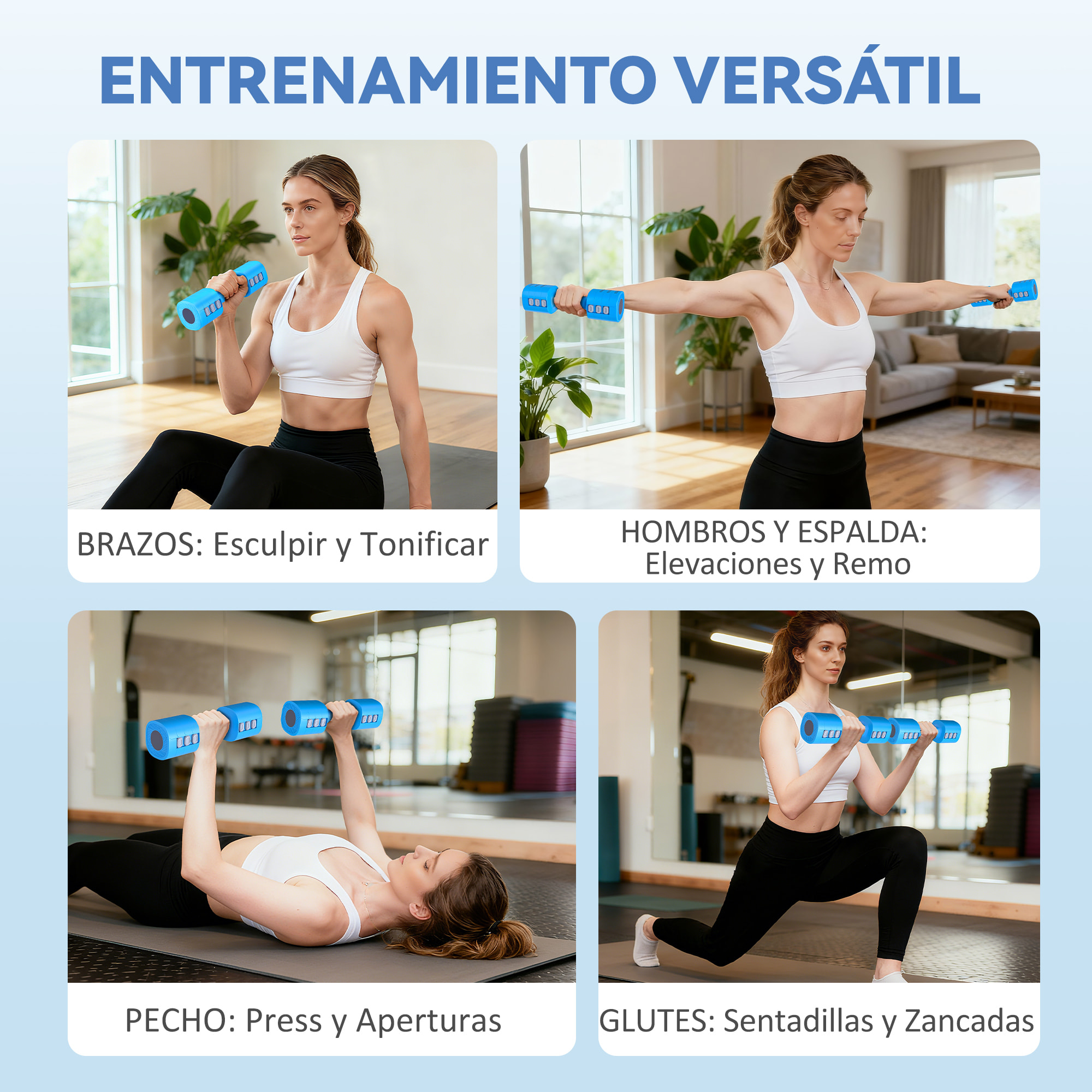 Juego de Mancuernas Ajustables 4 en 1, 1/1,5/2/2,5 kg, Juego de Pesas y Mancuernas de Metal con Mangos Antideslizantes y Diseño Cuadrado, para Entrenamiento en Casa, Gimnasio, Azul