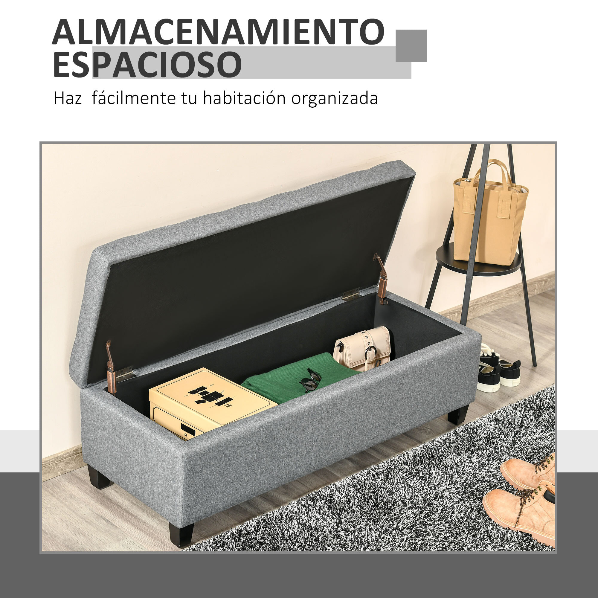 Banco de Almacenamiento Acolchado Puff de Almacenaje Taburete Tapizado en Lino con Tapa Abatible para Salón Entrada Dormitorio Carga 120 kg 125x49x41,5 cm Gris