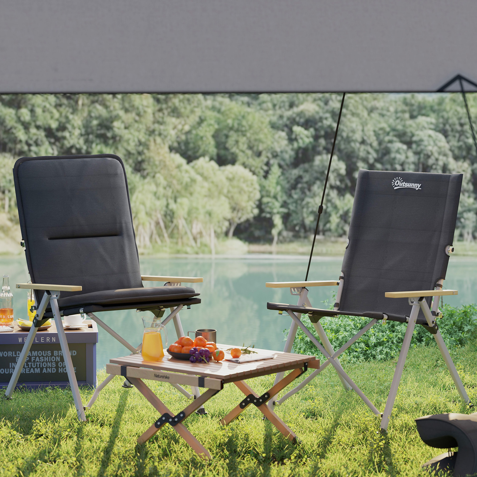 2 Sillas de Camping Plegables de Aluminio Sillas de Jardín Portátiles con Respaldo Alto Ajustable Reposabrazos de Madera y Bolsa de Transporte para Exterior 59x67x96 cm Negro