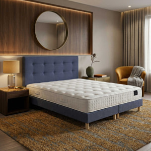 Ensemble matelas ressorts ensachés HÉCATE 2, H26 cm, sommier et tête de lit bleu