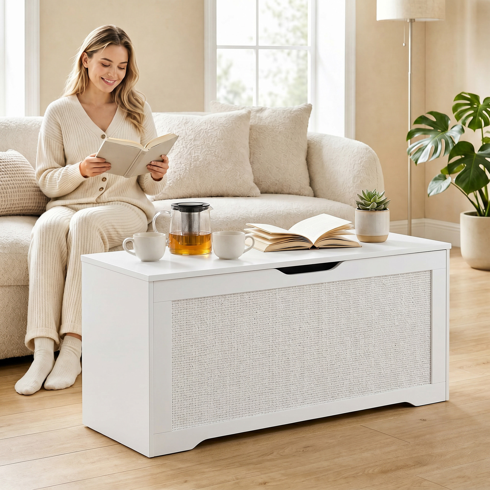 Baúl de Almacenaje 136L, Banco de Almacenaje con Panel de Ratán, Tapa Elevable, Brazos de Soporte, Diseño Sin Tiradores, para Recibidor, Pasillo, Dormitorio, Salón, 100x40x45 cm, Blanco
