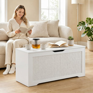 Baúl de Almacenaje 136L, Banco de Almacenaje con Panel de Ratán, Tapa Elevable, Brazos de Soporte, Diseño Sin Tiradores, para Recibidor, Pasillo, Dormitorio, Salón, 100x40x45 cm, Blanco