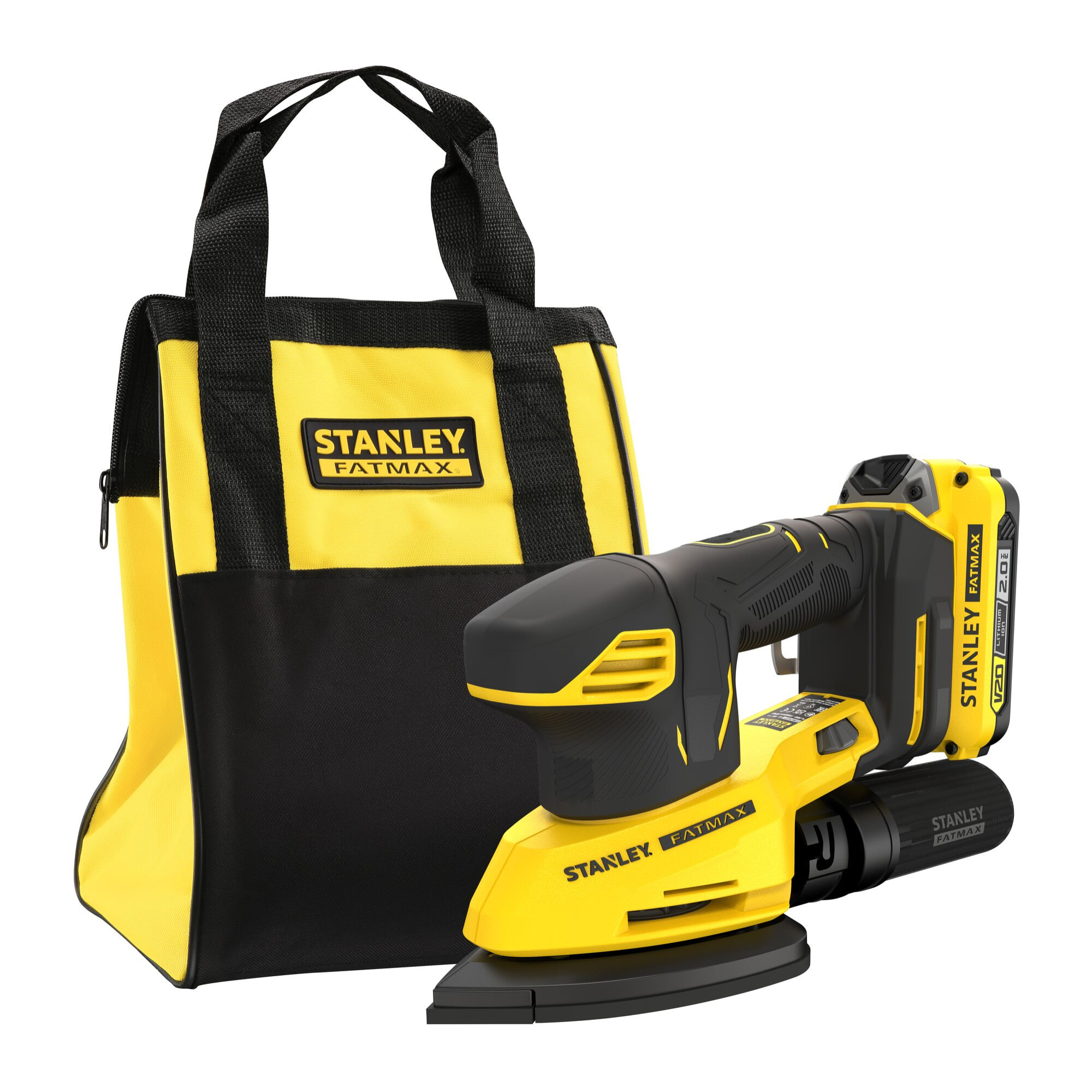 Ponceuse de finition 12000trs/min sans fil 18V STANLEY FATMAX Gamme V20 avec 1 batterie 2Ah, 1 chargeur 2A, en sac souple de transport