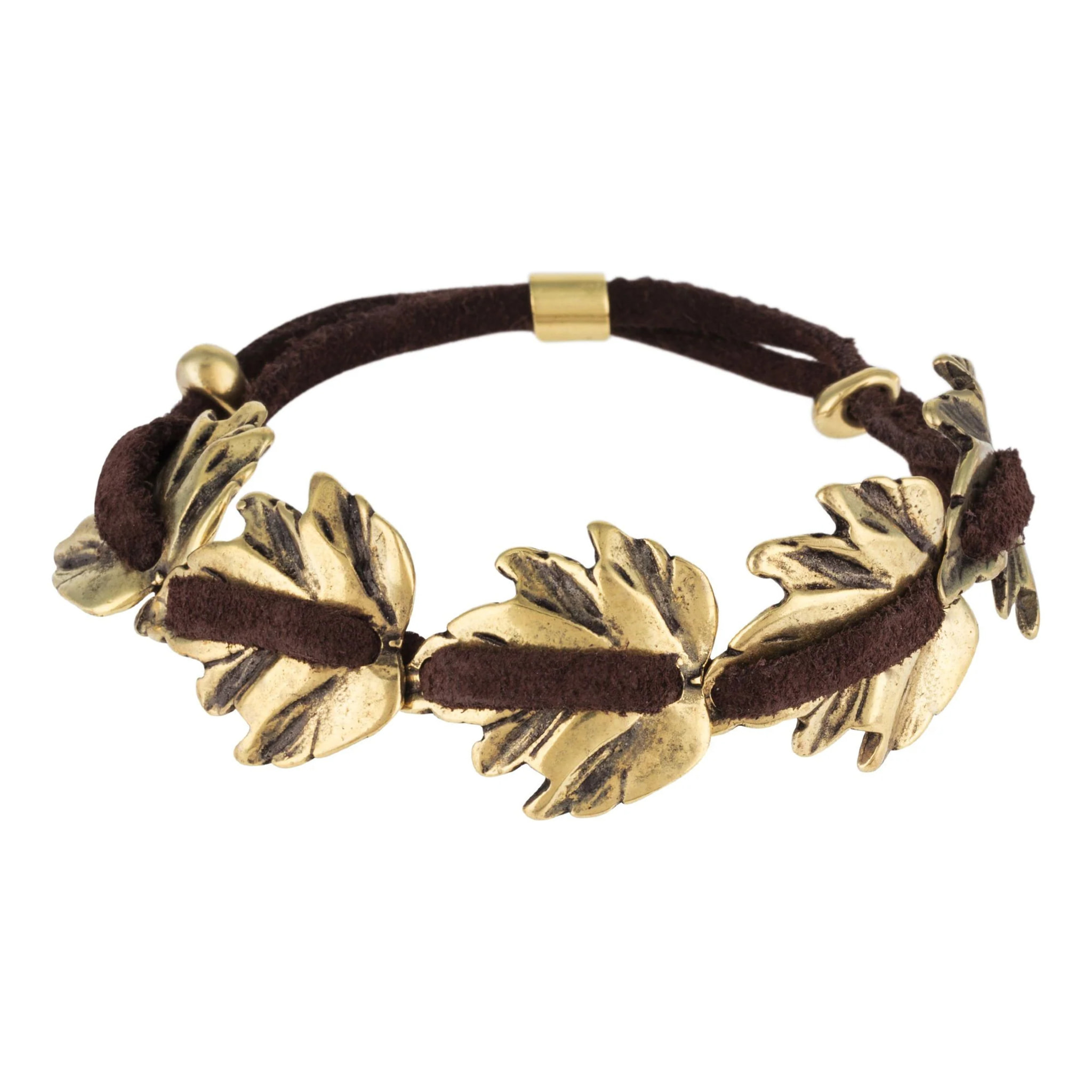 Pulsera piel marrón y hojas dorado