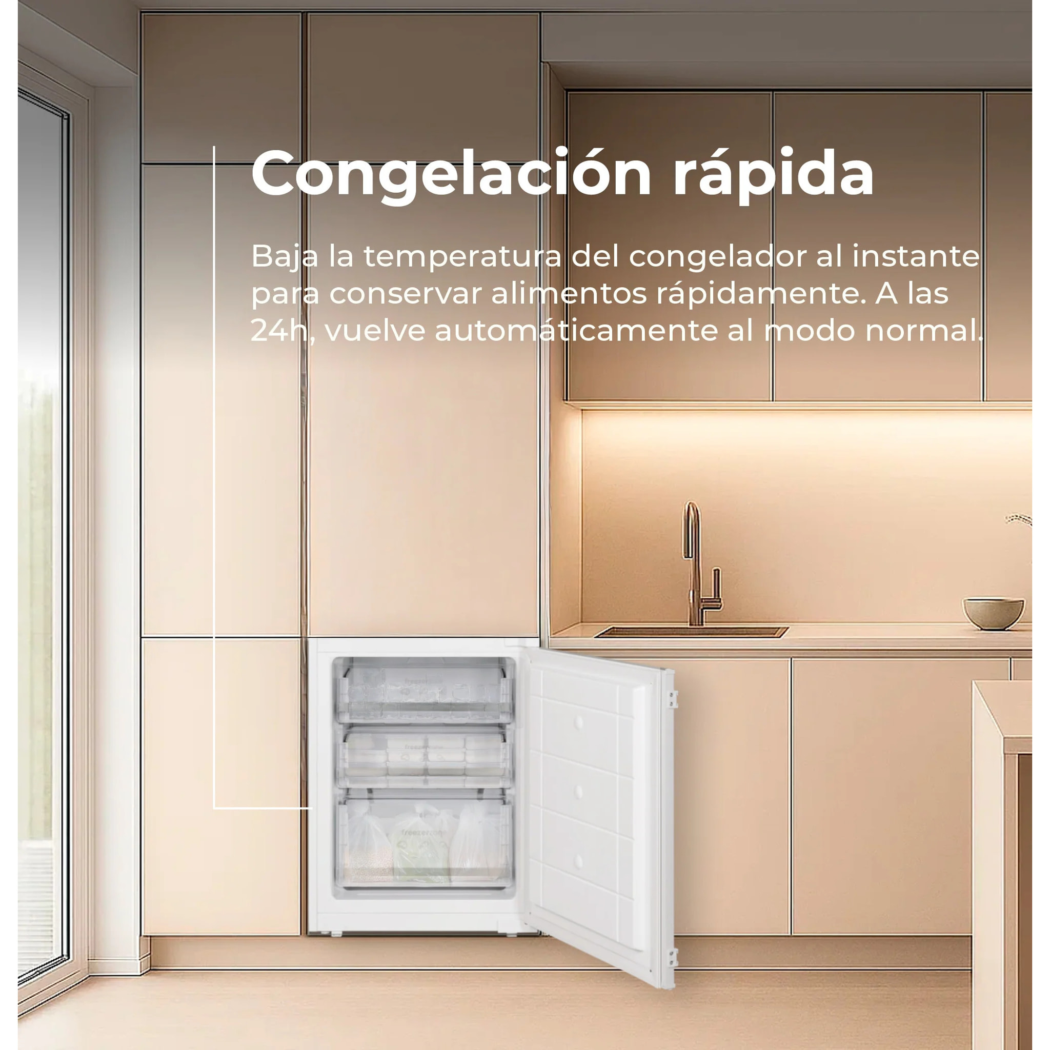 EVVO Frigorífico combi integrable Fi62, 151L+67L, No Frost, Chiller Zone, ECO, Vacaciones, congelación rápida, silencioso.