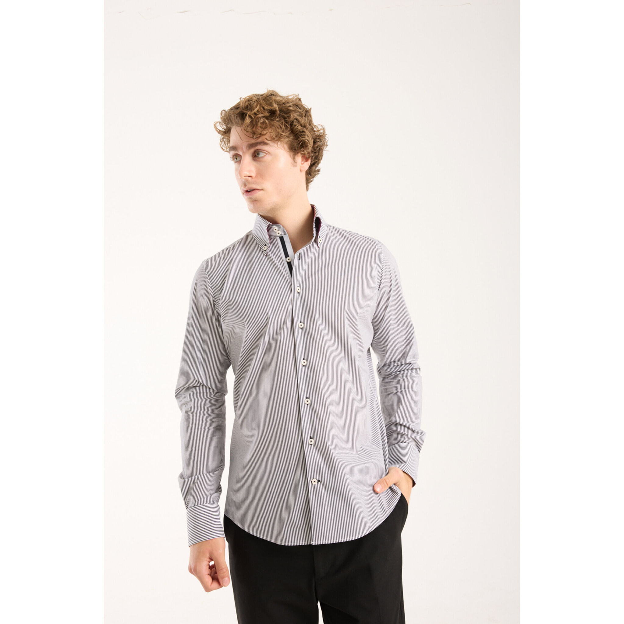 Camicia Uomo 2 Bottoni Button Down Slim Popeline Riga Media Bianco/Nero