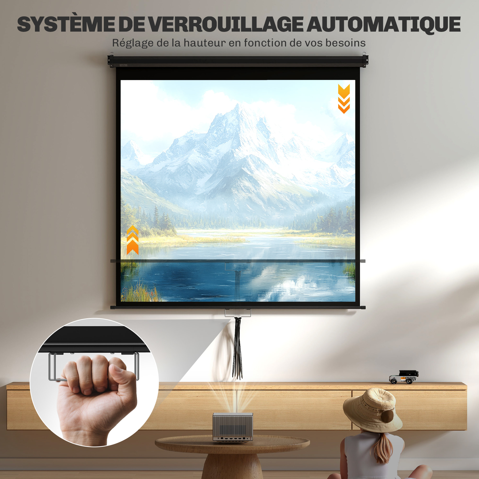Écran de projection home-cinéma TV format 1:1 85 pouces 4K HD métal PVC noir