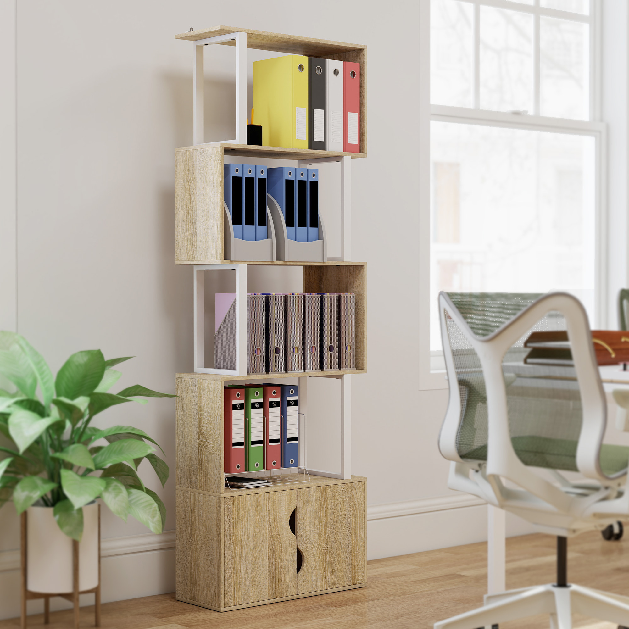 Bibliothèque design zig zag - 4 étagères, 2 portes - effet bois acier naturel