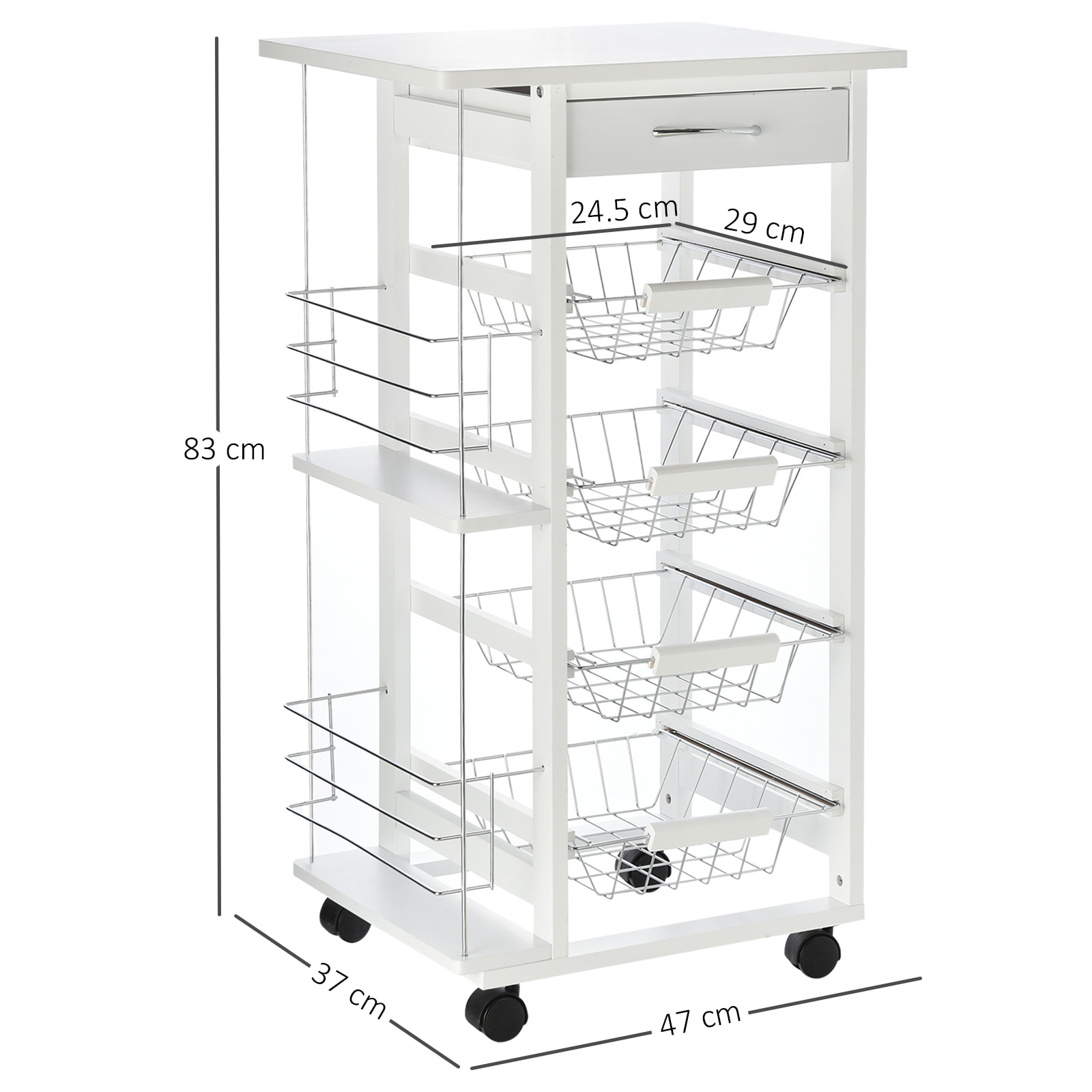 Desserte cuisine bois roulante - tiroir, 4 paniers amovibles, 2 porte-bouteilles - blanc