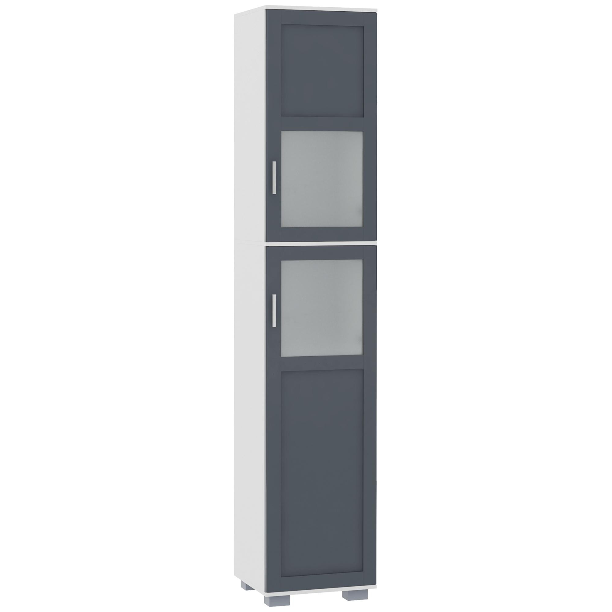 Armario Alto de Baño Mueble Columna de Baño con 2 Puertas de Vidrio Templado y Estantes Ajustables 37x35x190 cm Blanco y Gris