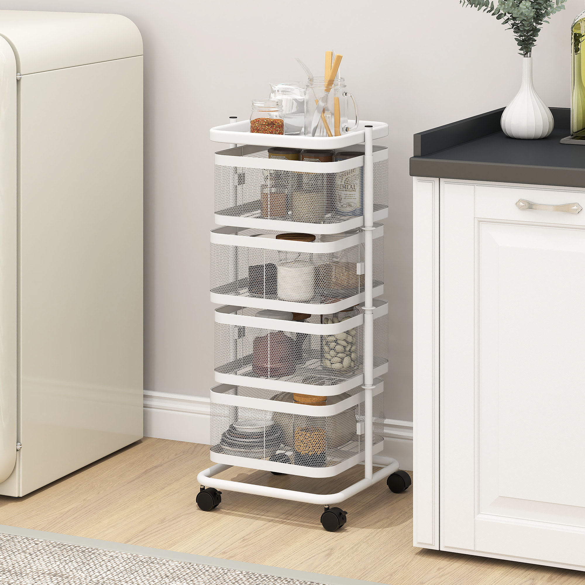 Resserre de cuisine 4 paniers rotatifs sur roues en métal H.77cm blanc