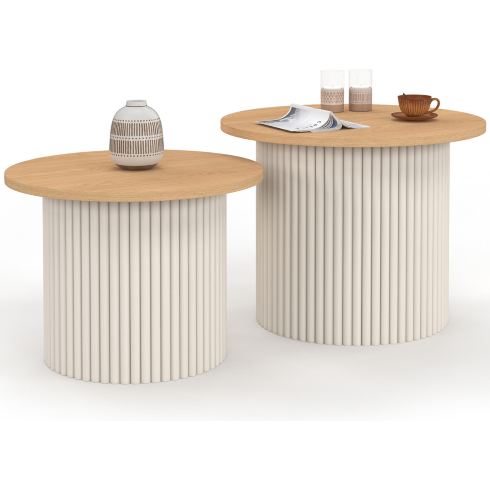 Tables basses rondes gigognes Kara beige effet cannelé - lot de 2