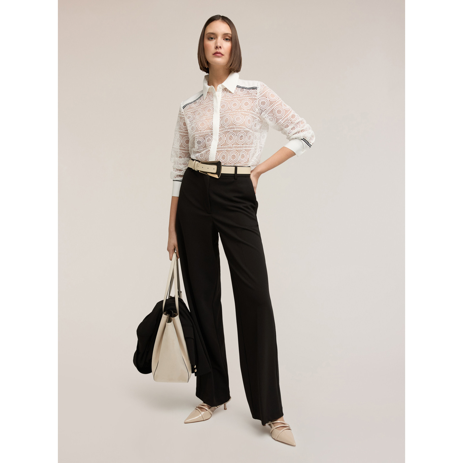 Motivi - Camicia in pizzo macramé con bande a contrasto - Bianco