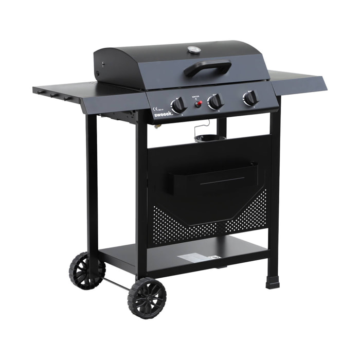 Barbecue au gaz Madeleine noir. 3 brûleurs. cuisine extérieure. L 109.5 x P 59 x H 125cm