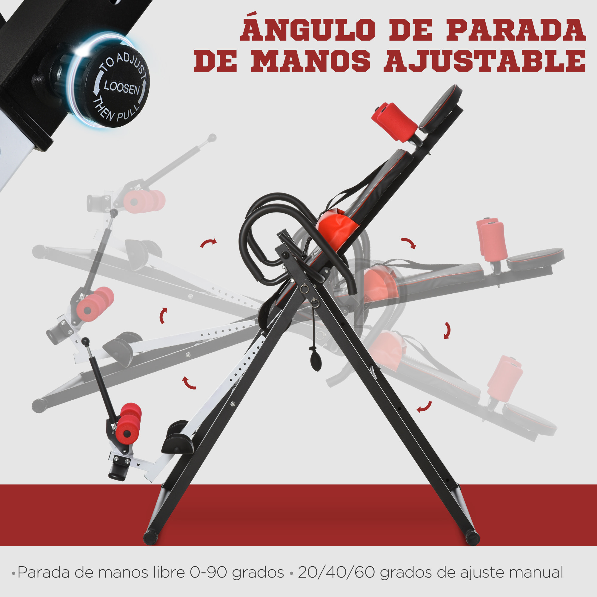 Tabla de Inversión Plegable con Bloqueo de Inclinación, Ángulo Ajustable hasta 90°, Banco de Inversión con Cinturón y Almohadillas de Seguridad para Aliviar Espalda, Mejorar la Circulación Rojo