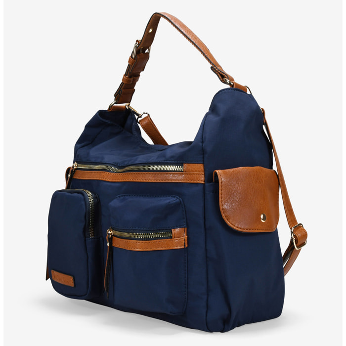 Bolso de hombro azul en nailon con bolsillos