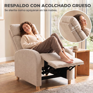Sillón Relax Reclinable, Sillón Reclinable Manual hasta 135°, Tapizado en Lino, Reposapiés, Muelles Ensacados, Respaldo Alto Grueso y Patas de Madera para Salón, Oficina, Beige
