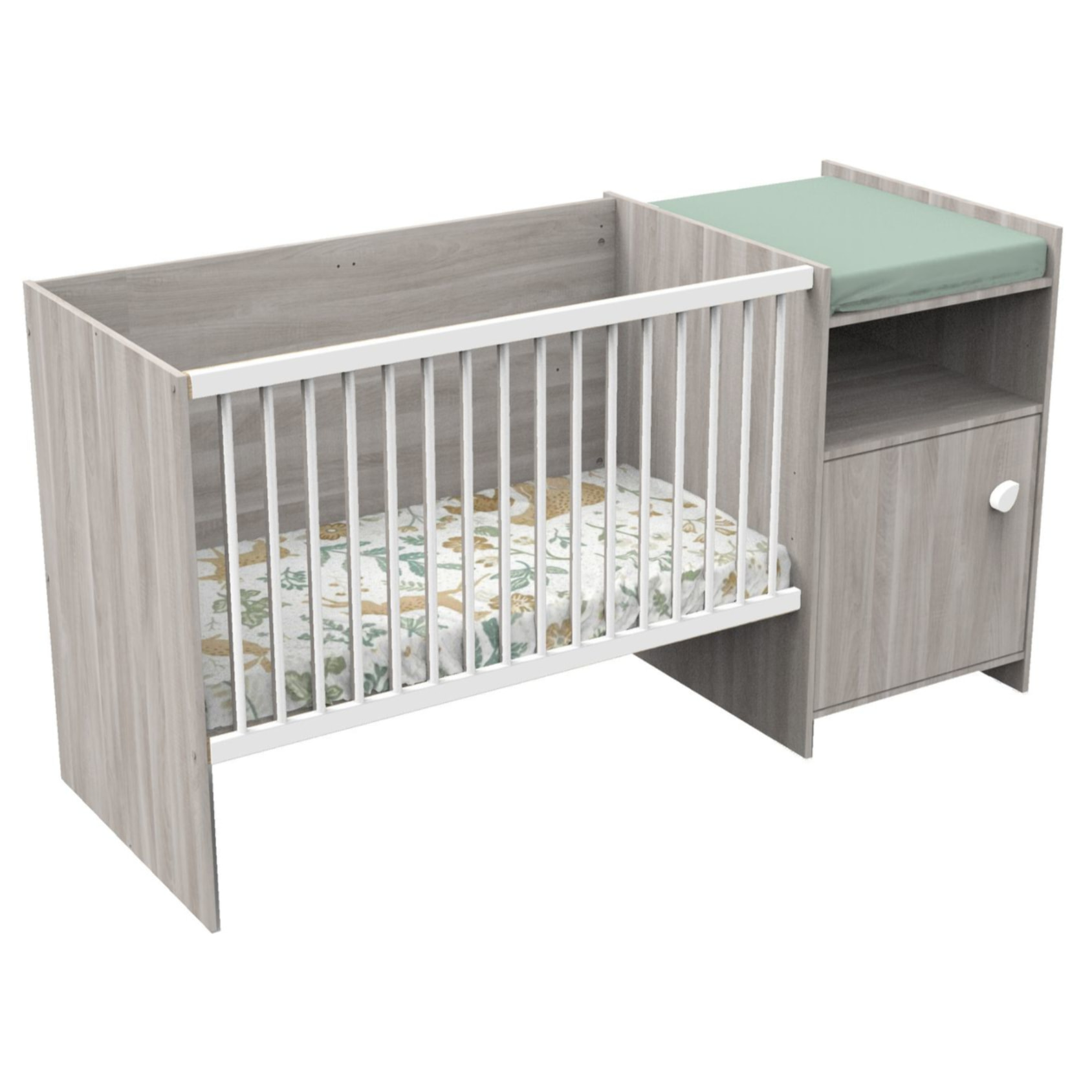 Lit bébé combiné 120x60 évolutif en 90x190 en décor bois avec commode à langer 1 porte