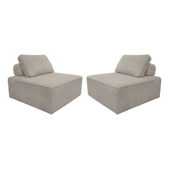 Lot de 2 chauffeuses  pour canapé modulable velours côtelé gris clair avec un coussin