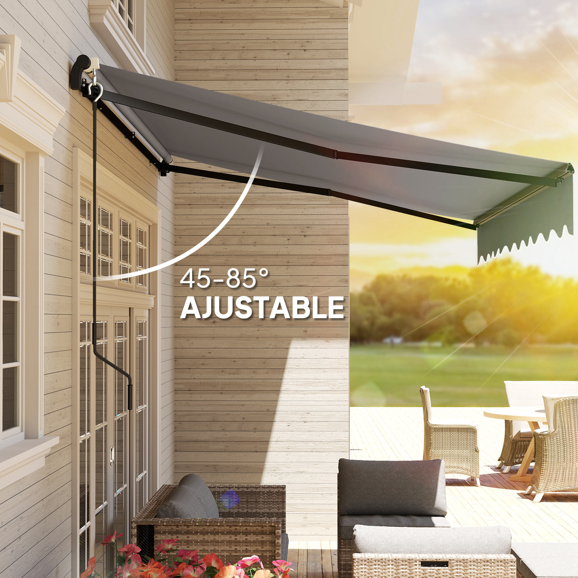 Toldo Manual Retráctil 360x220 cm Toldo para Balcón con Manivela de Aluminio 3 Brazos y Protección UV30+ Toldo Enrollable de Exterior para Jardín Terraza Ventanas Gris