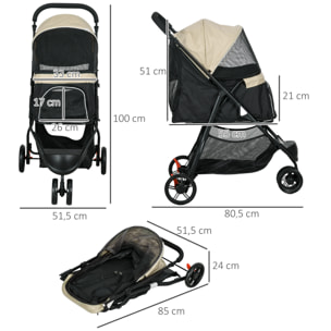 Carrito para Perros Plegable Cochecito para Mascotas Carrito para Perros Pequeños con Cesta de Almacenaje Ventana de Malla Cubierta para Lluvia y 2 Ruedas Universales 80,5x51,5x100 cm Caqui