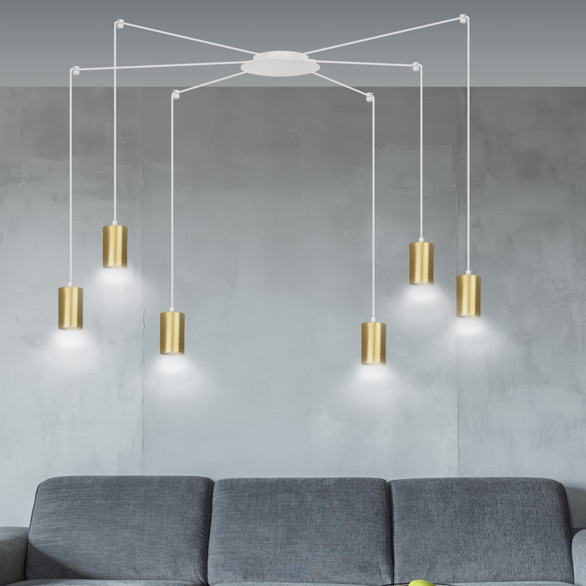 Lampada a sospensione TRAKER con diffusori oro e struttura bianca