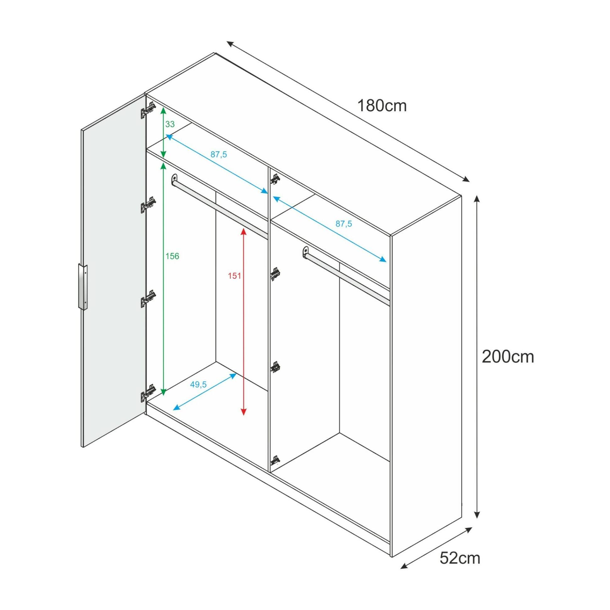 Guardaroba Knoxville, Armadio per camera da letto a 4 ante battenti, Mobile con 2 ripiani e barra appendiabiti, cm 180x52h200, Bianco