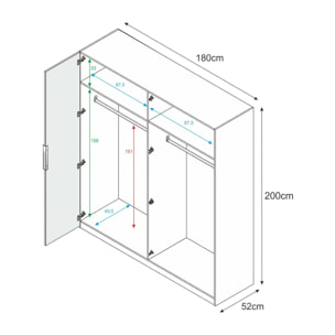 Guardaroba Knoxville, Armadio per camera da letto a 4 ante battenti, Mobile con 2 ripiani e barra appendiabiti, cm 180x52h200, Bianco