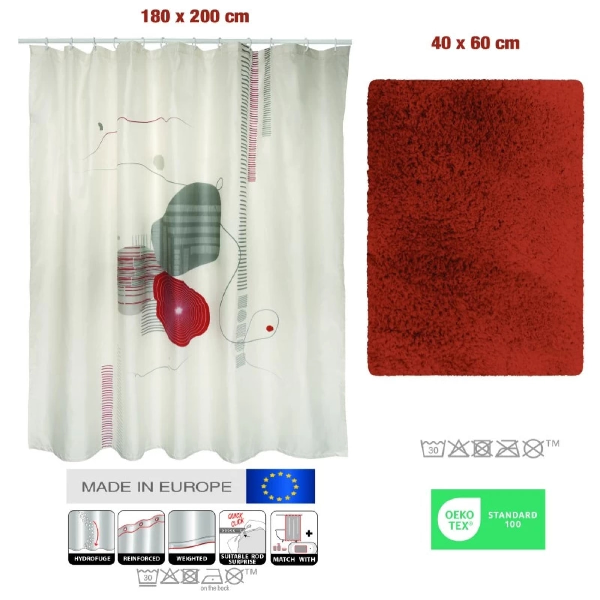 Lot d'un rideau de douche Teiva et d'un tapis Microfibre terracotta