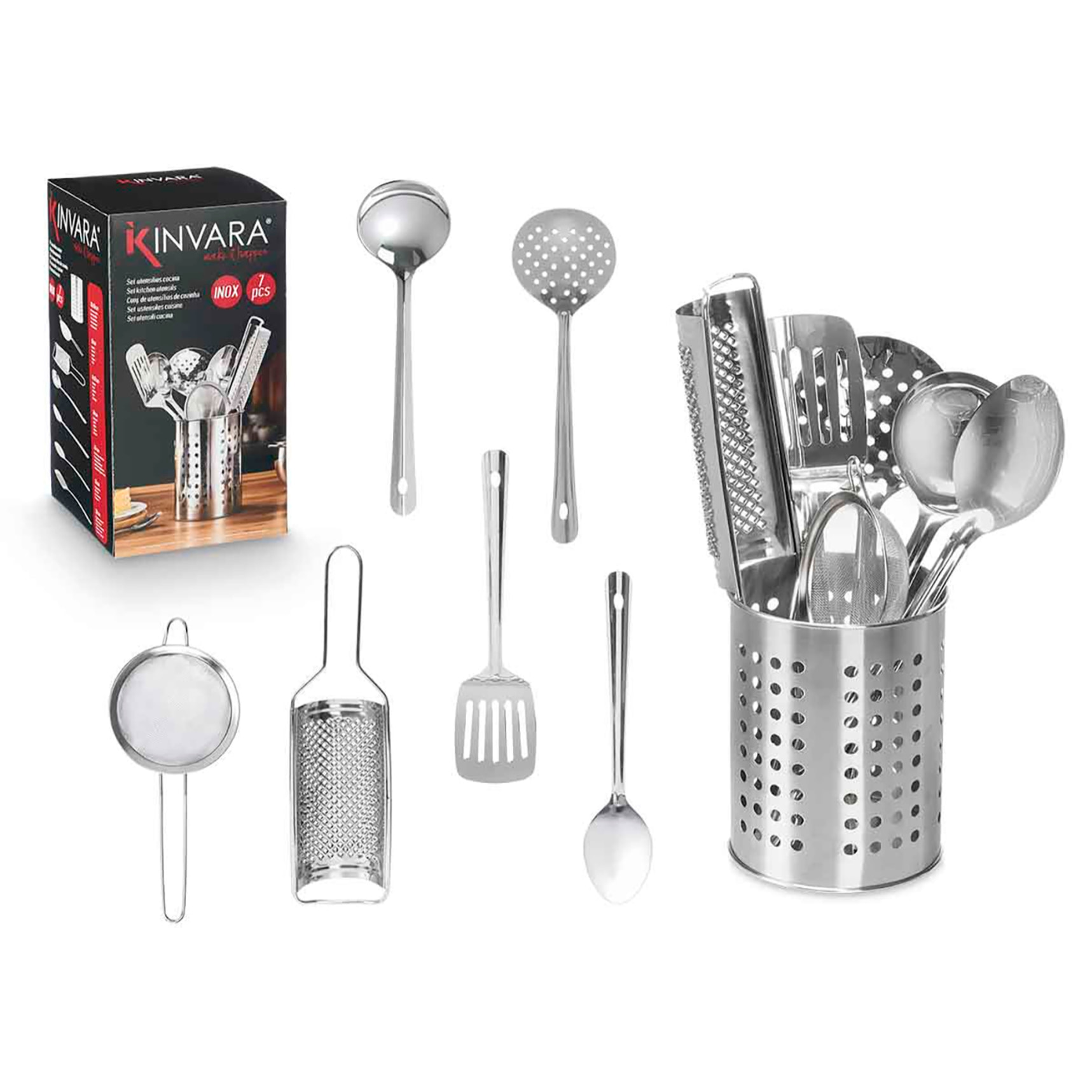 Set de 7 utensilios para cocinar de acero inoxidable.