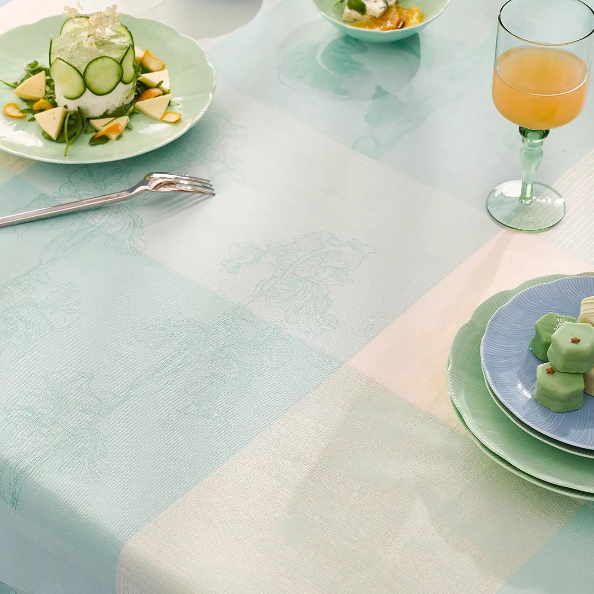 Set pur coton enduit motif jacquard Mille iris d'eau aqua