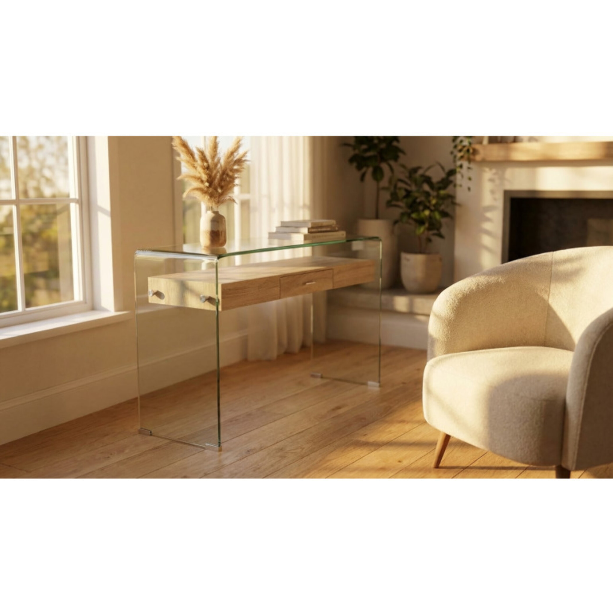 Console en verre trempé et caisson avec tiroirs en bois - GLASS