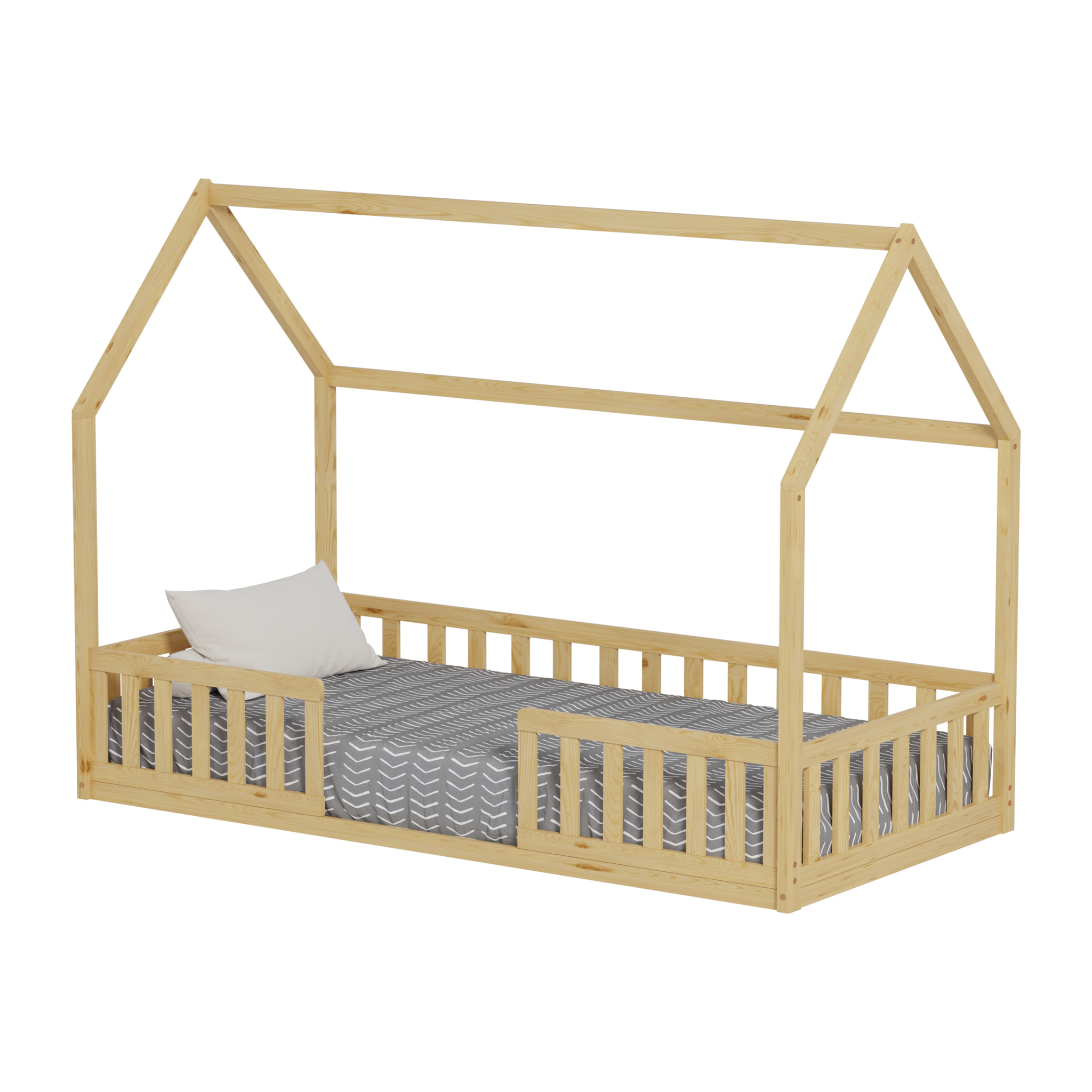 Lit Cabane Nid enchanté 90 x 190 cm, Couleur Bois, Bois de Pin naturel, Barrières latérales de sécurité, Favorise l'imagination