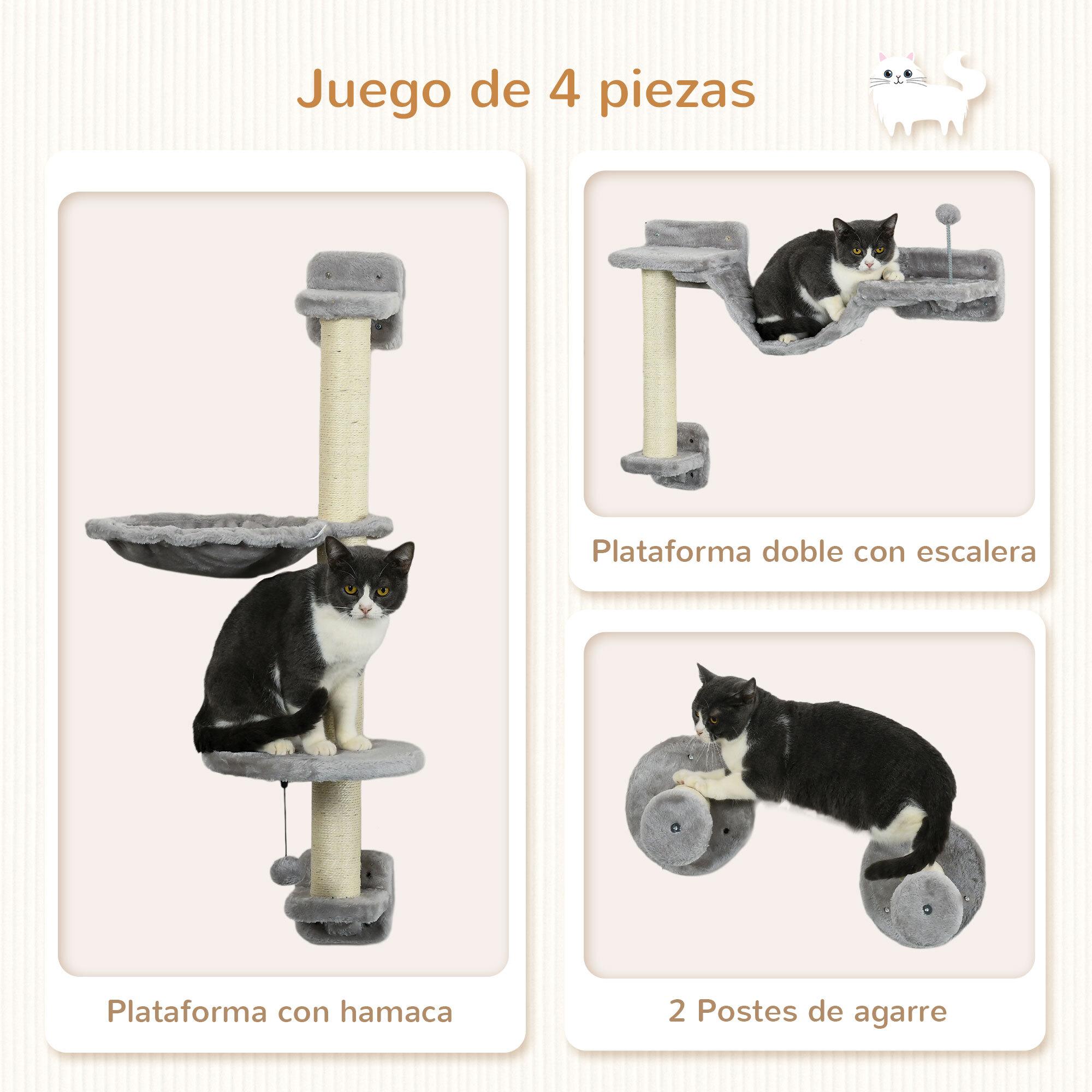 Estante de Escalada para Gatos de Pared Juego de Estantes para Gatos 4 Piezas con Hamaca Bola Plataformas para Saltar Poste de Sisal y Escalera 84,5x19x54 cm Gris y Beige