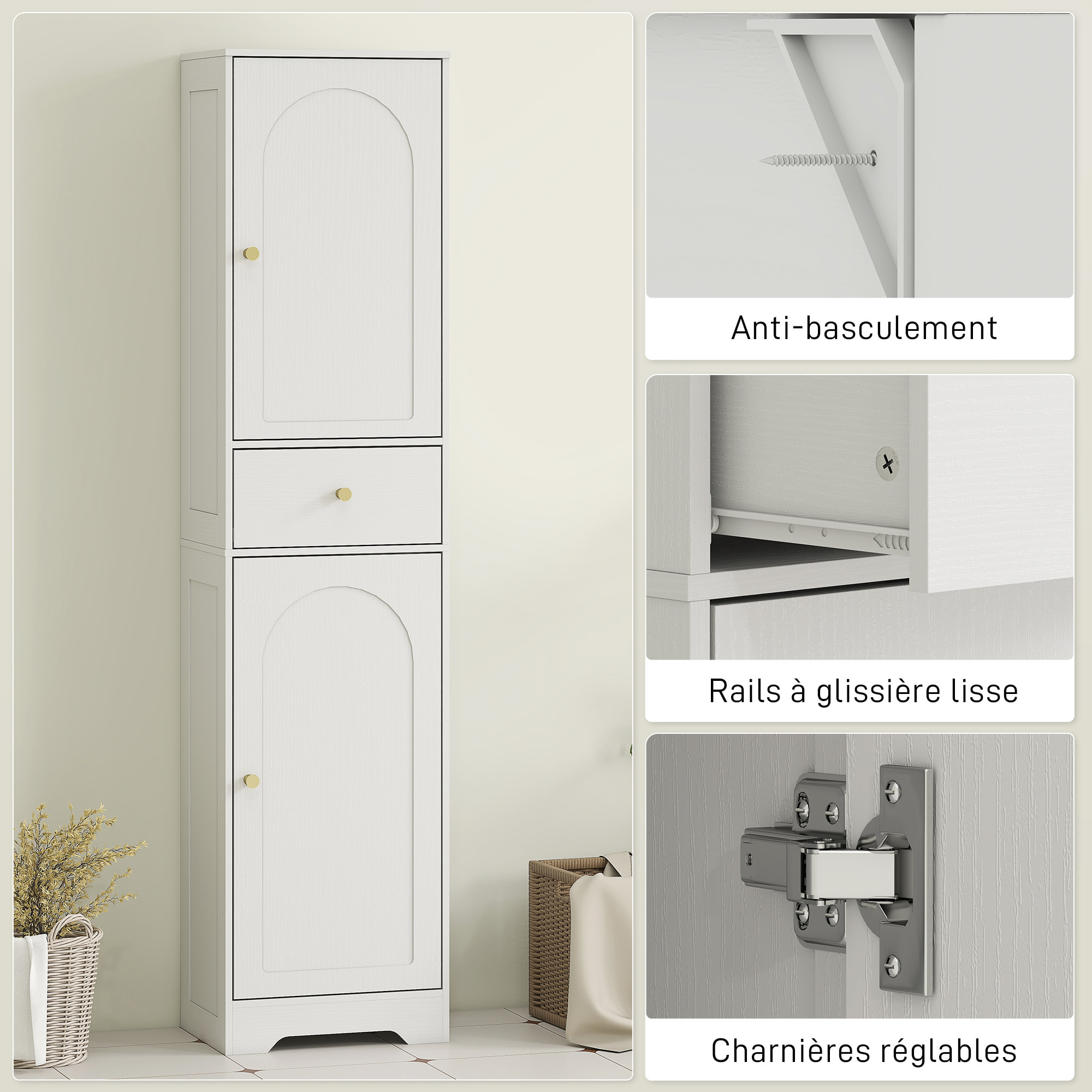 Colonne salle de bain design - 2 portes, 3 étagères, tiroir - dim. 40 x 29,5 x 170 cm - blanc doré