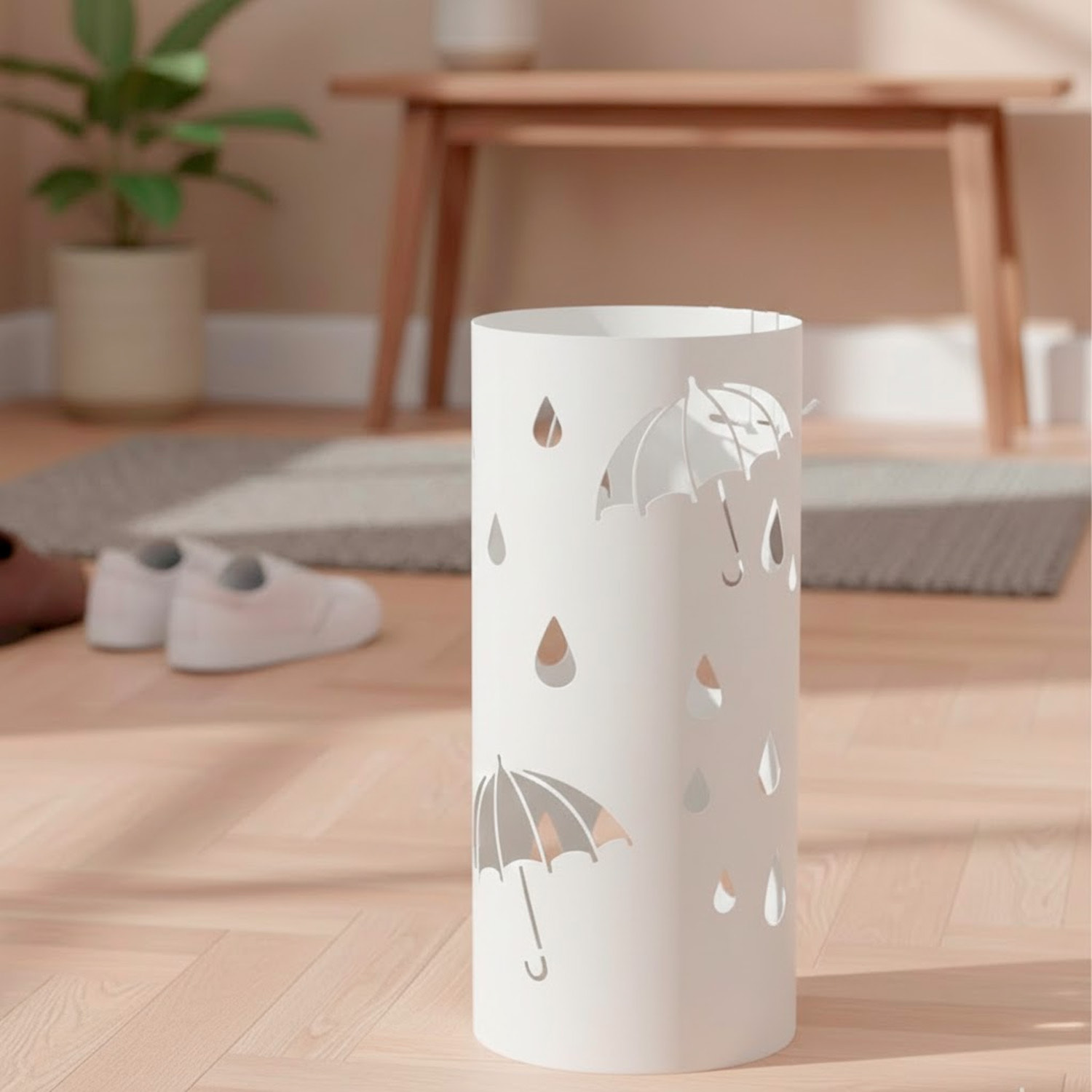 Portaombrelli Rotondo In Acciaio Zincato Con Vaschetta Scolapioggia E 4 Ganci Removibili Base Antiscivolo Design Moderno Ingresso 41 x 17 Cm Bianco