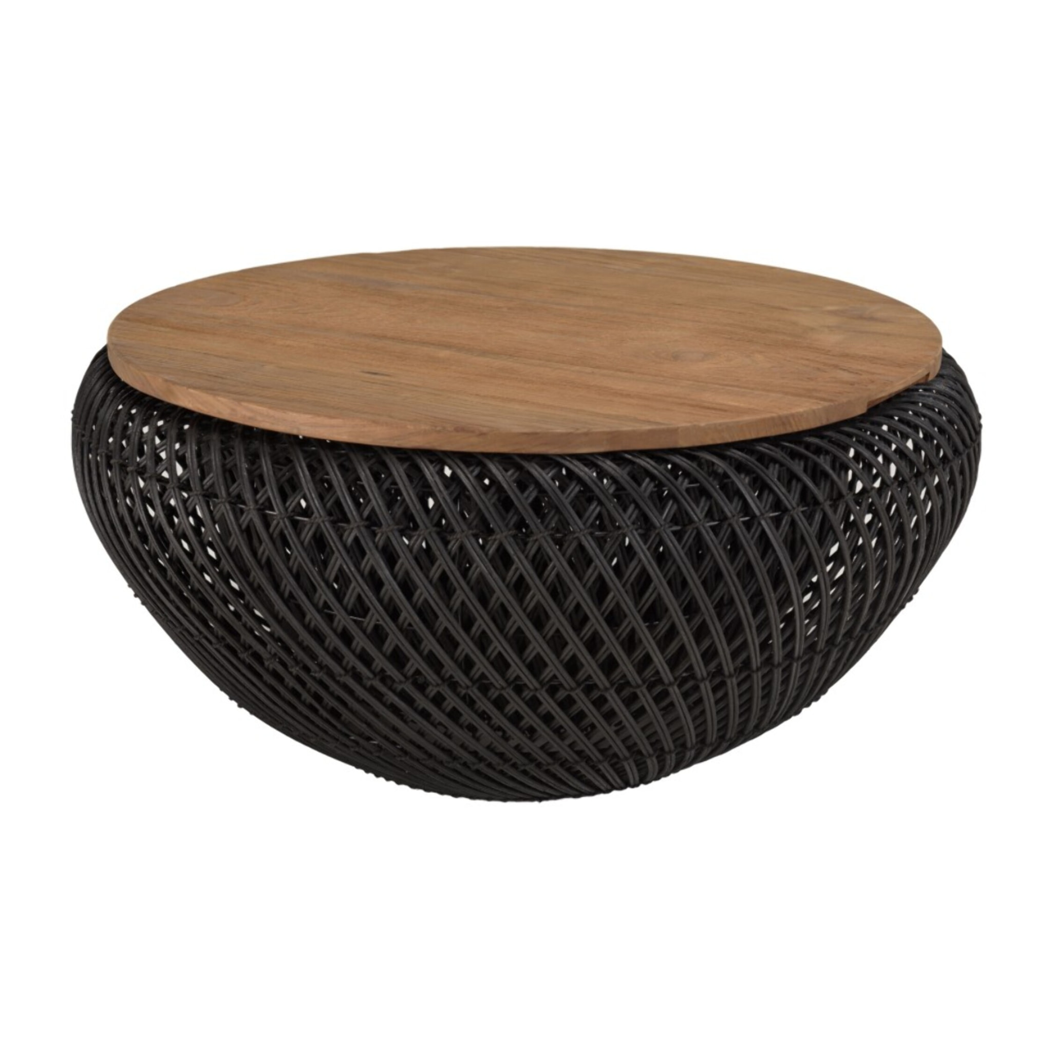 SIXTINE - Table basse ronde diam65 plateau bois teck recyclé rotin noir