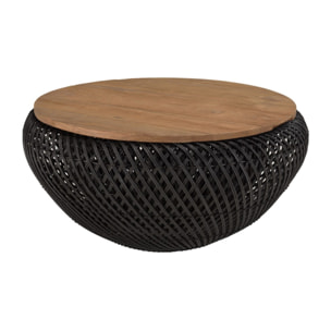 SIXTINE - Table basse ronde diam65 plateau bois teck recyclé rotin noir