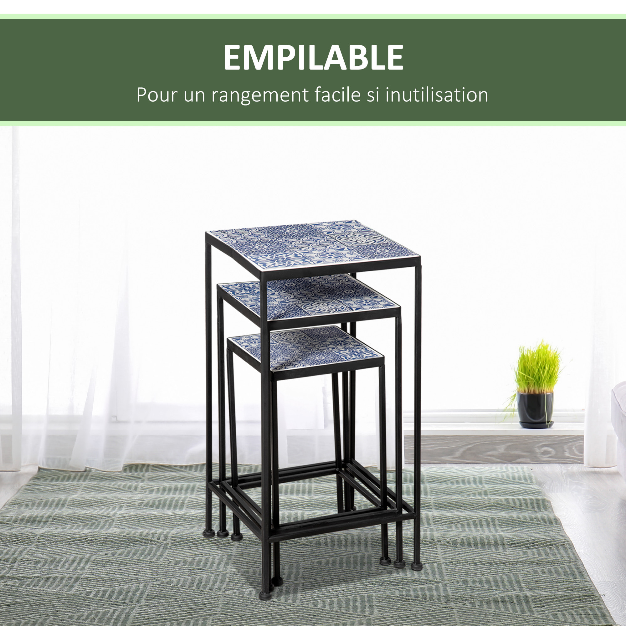 Support pots de fleurs 3 pièces - lot de 3 étagères à fleurs - portes plantes empilables - métal époxy plateaux carreaux céramique bleu