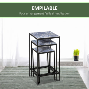 Support pots de fleurs 3 pièces - lot de 3 étagères à fleurs - portes plantes empilables - métal époxy plateaux carreaux céramique bleu