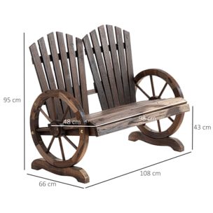 Banc de jardin 2 places Adirondack style rustique chic accoudoirs roues charette bois sapin traité carbonisation